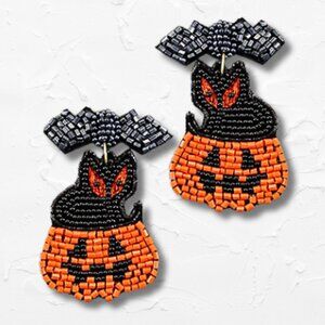 Halloween Black Cat Bat Pumpkin Beaded Earrings